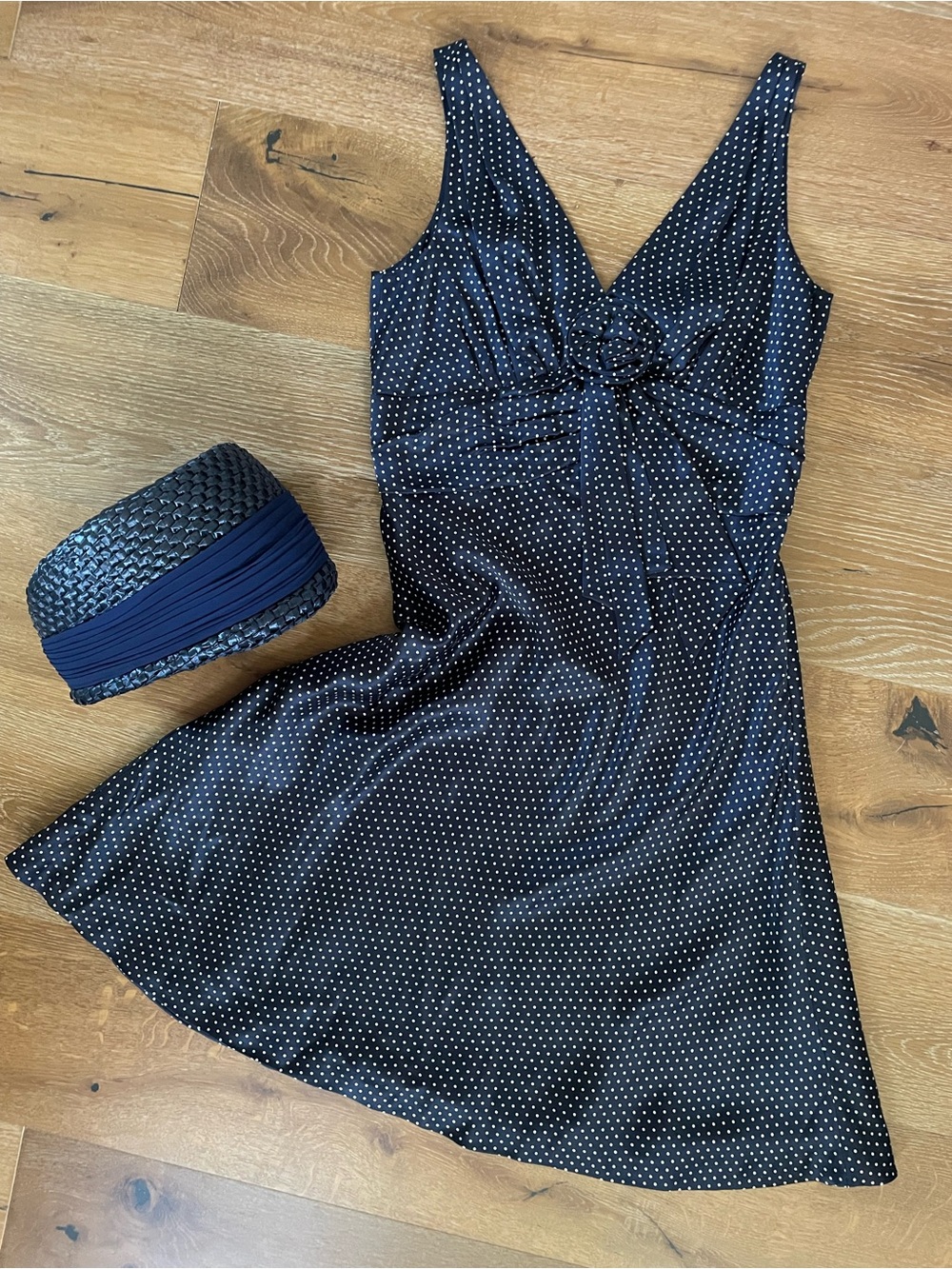 NWOT Silk Polka Dot Navy Cocktail Dress Empire Waist Sz 8+ Matching Vintage Hat
